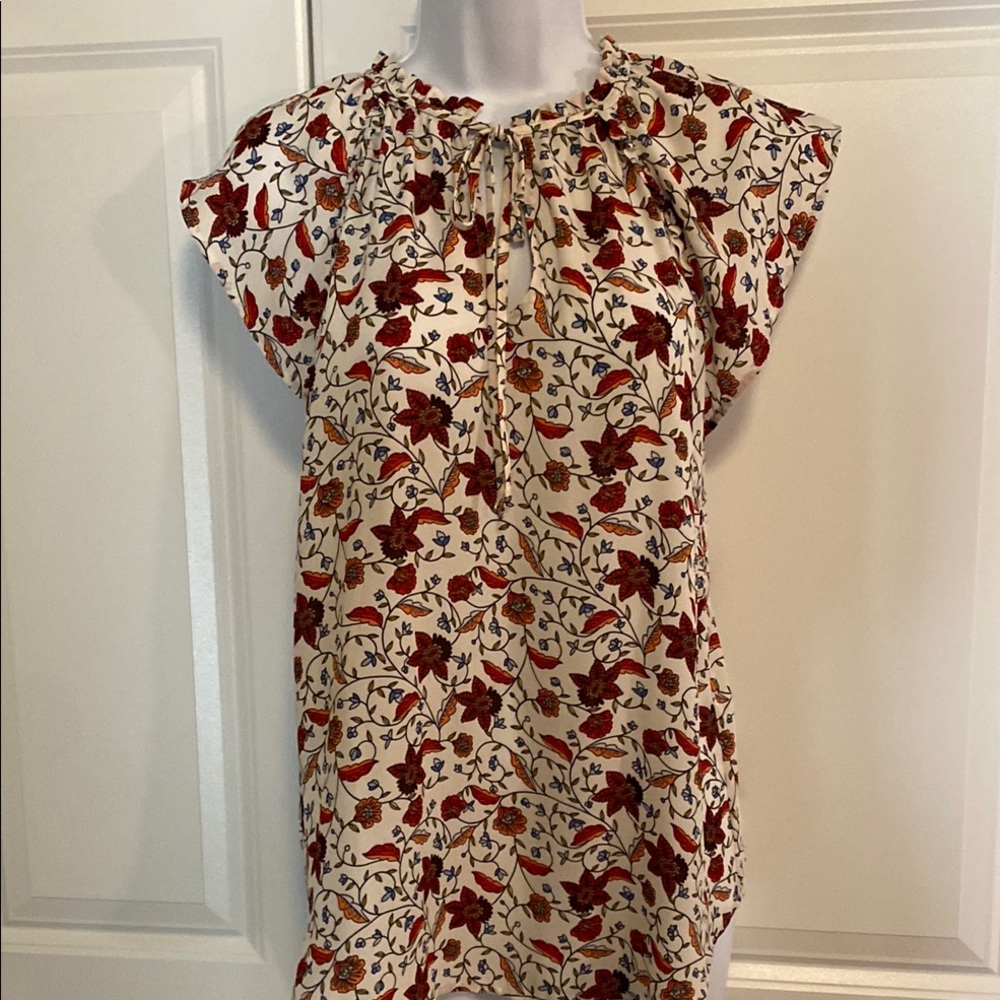 LOFT White and Red Flutter Sleeve Blouse with Ruffled Bib Collar